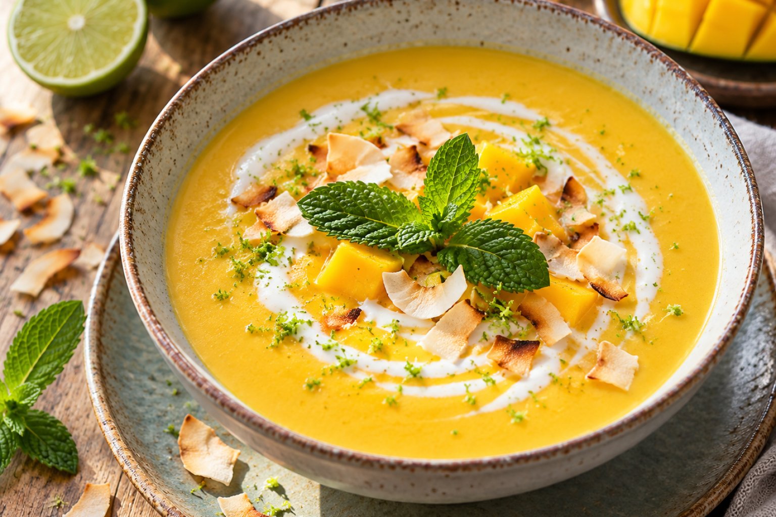 Kalte Kokos-Mango-Suppe mit Limette – Rezept mit Kalorien und Nährwerten