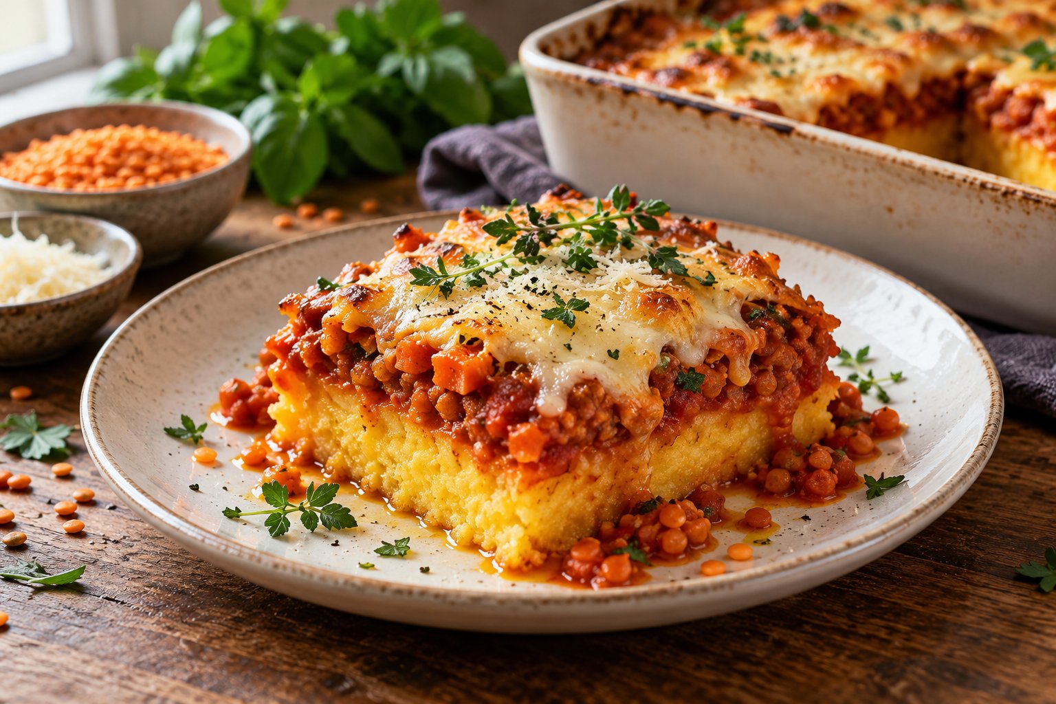 Gebackene Rote-Linsen-Bolognese-Polenta