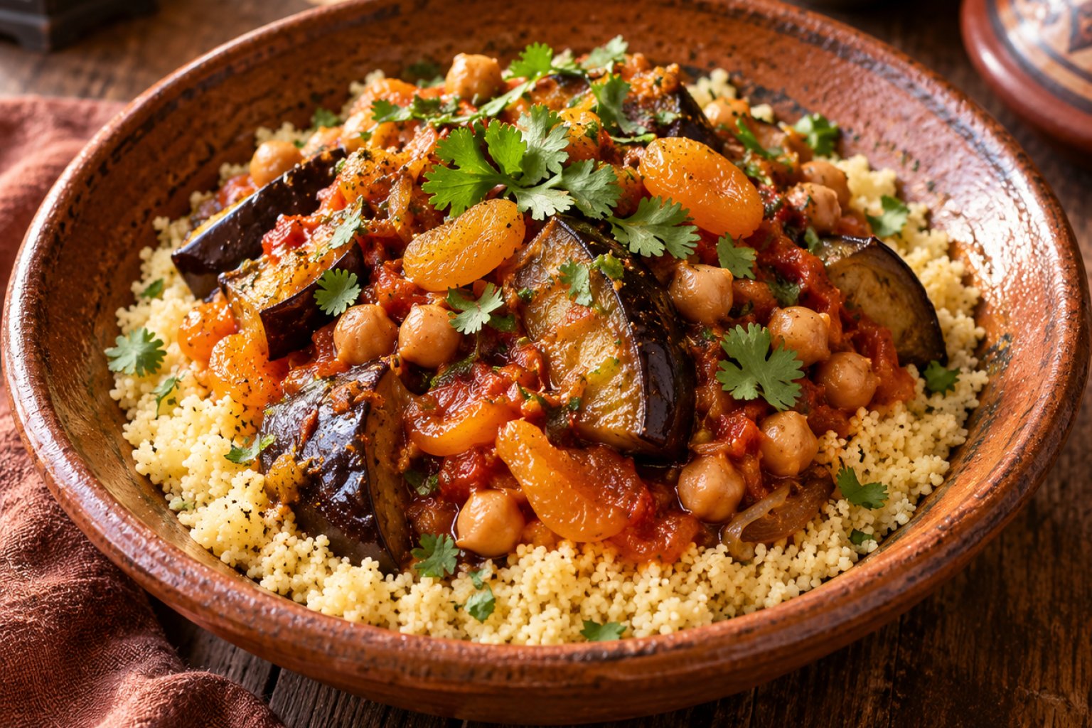 Marokkanischer Auberginen-Kichererbsen-Tajine-Couscous