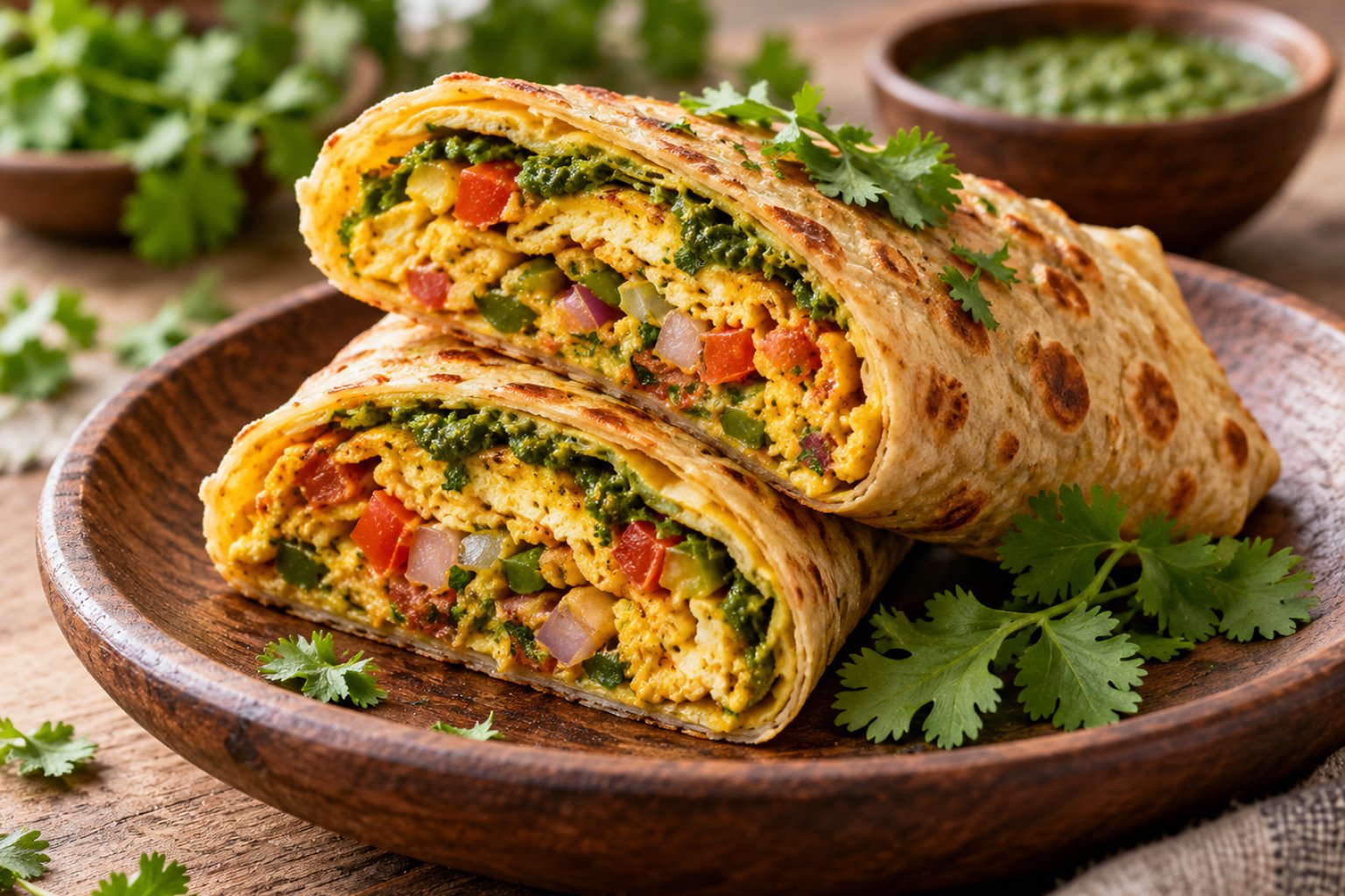 Indische Masala-Omelett-Wraps mit Koriander-Chutney