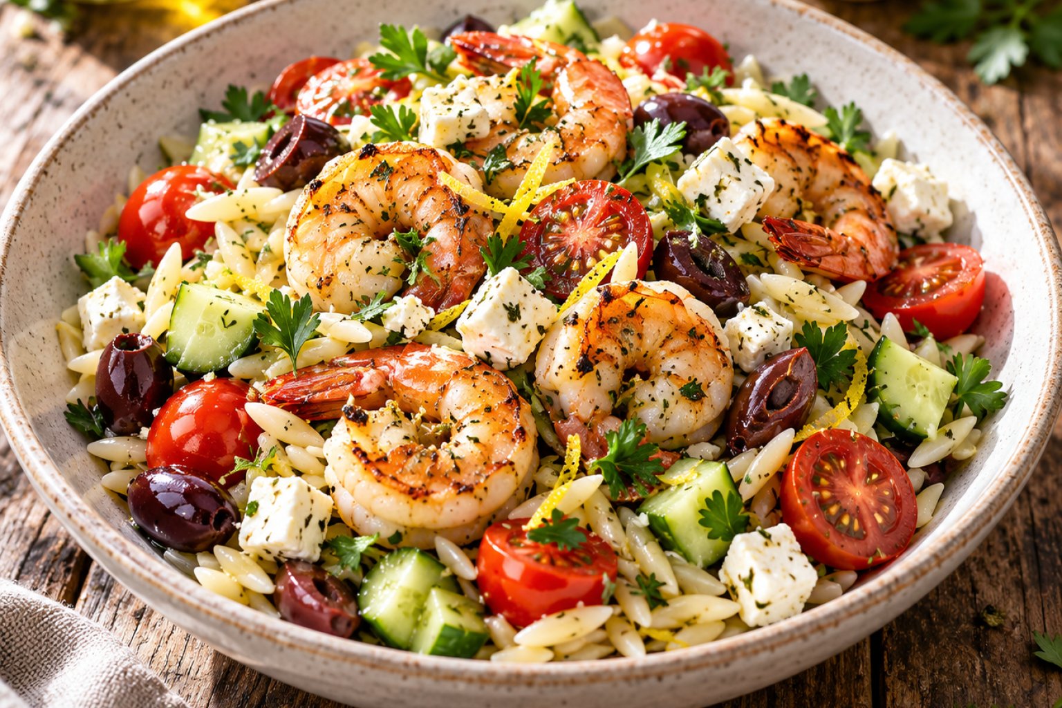 Griechischer Garnelen-Orzo-Salat mit Zitrone