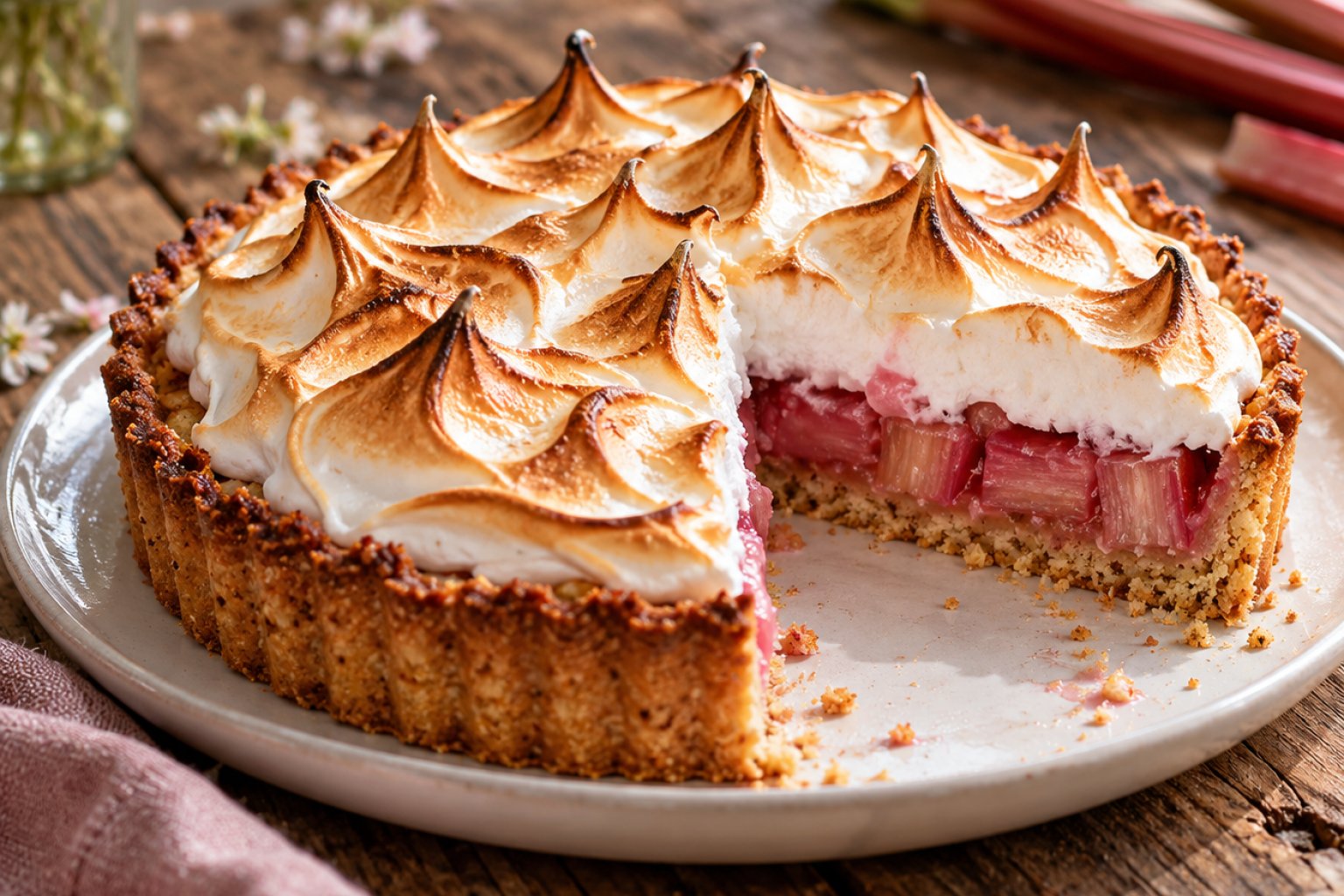 Rhabarber-Baiser-Tarte mit Mandelboden – Rezept mit Kalorien und Nährwerten