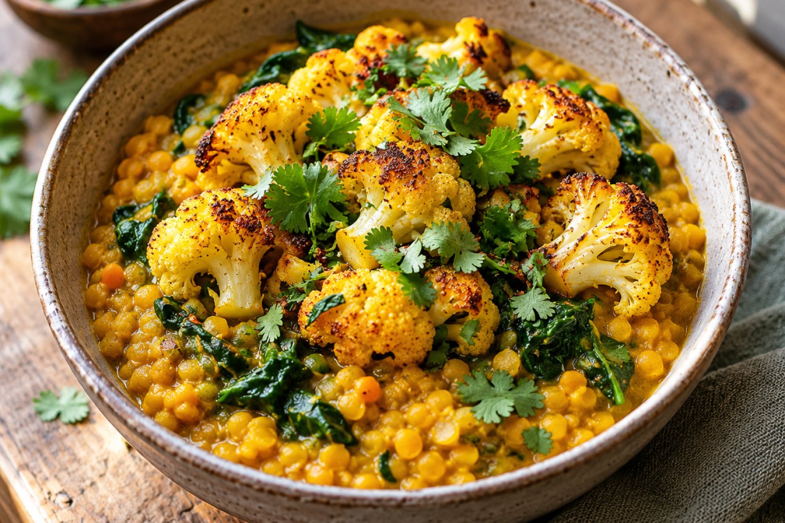Vegane Kurkuma-Linsen-Bowl mit geröstetem Blumenkohl – Rezept mit Kalorien und Nährwerten