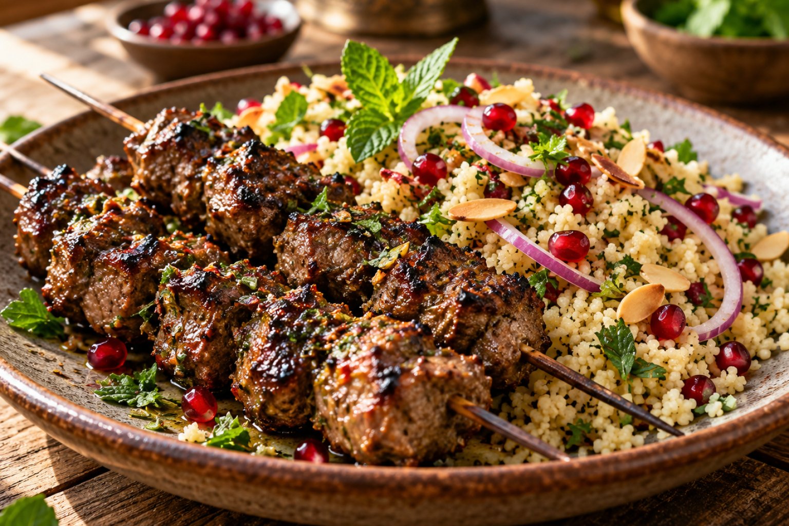 Marokkanischer Lammspieß-Teller mit Minz-Couscous