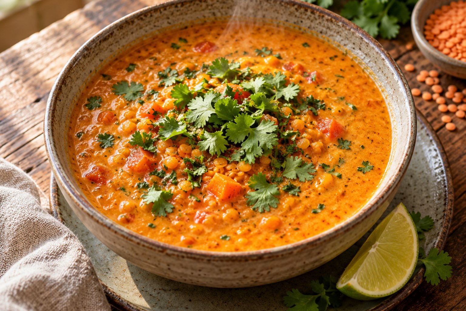 Vegane Rote-Linsen-Kokos-Suppe mit Koriander