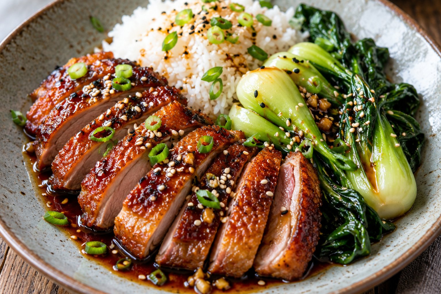 Gebratenes Entenbrustfilet mit Pak-Choi und Reis