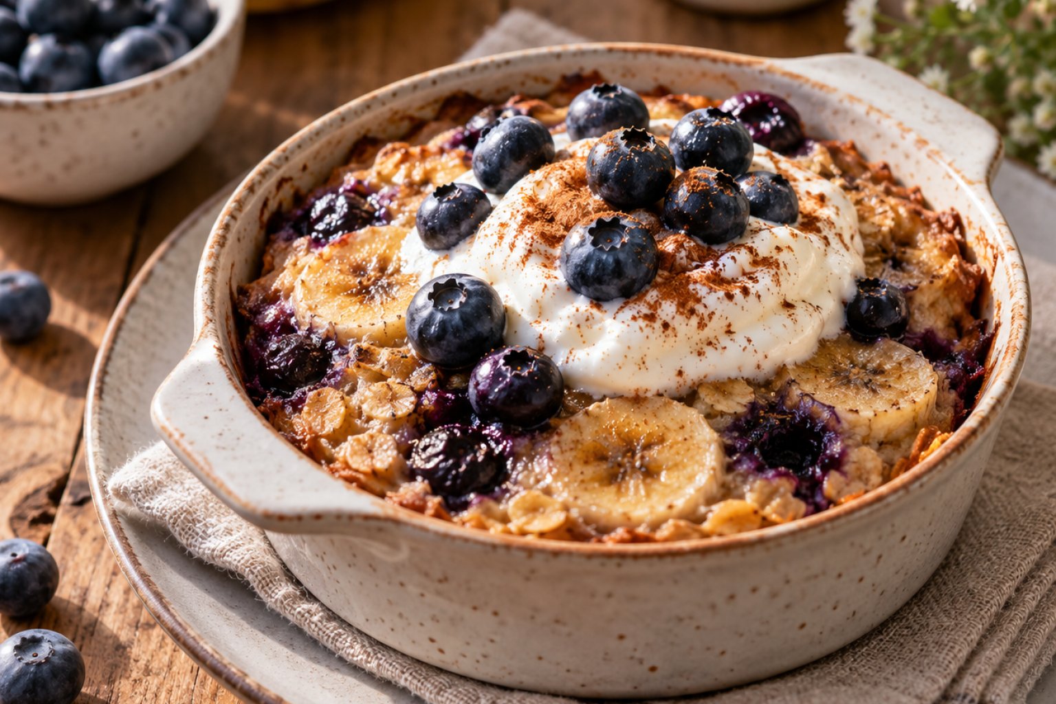 Bananen-Baked-Oats mit Skyr und Blaubeeren