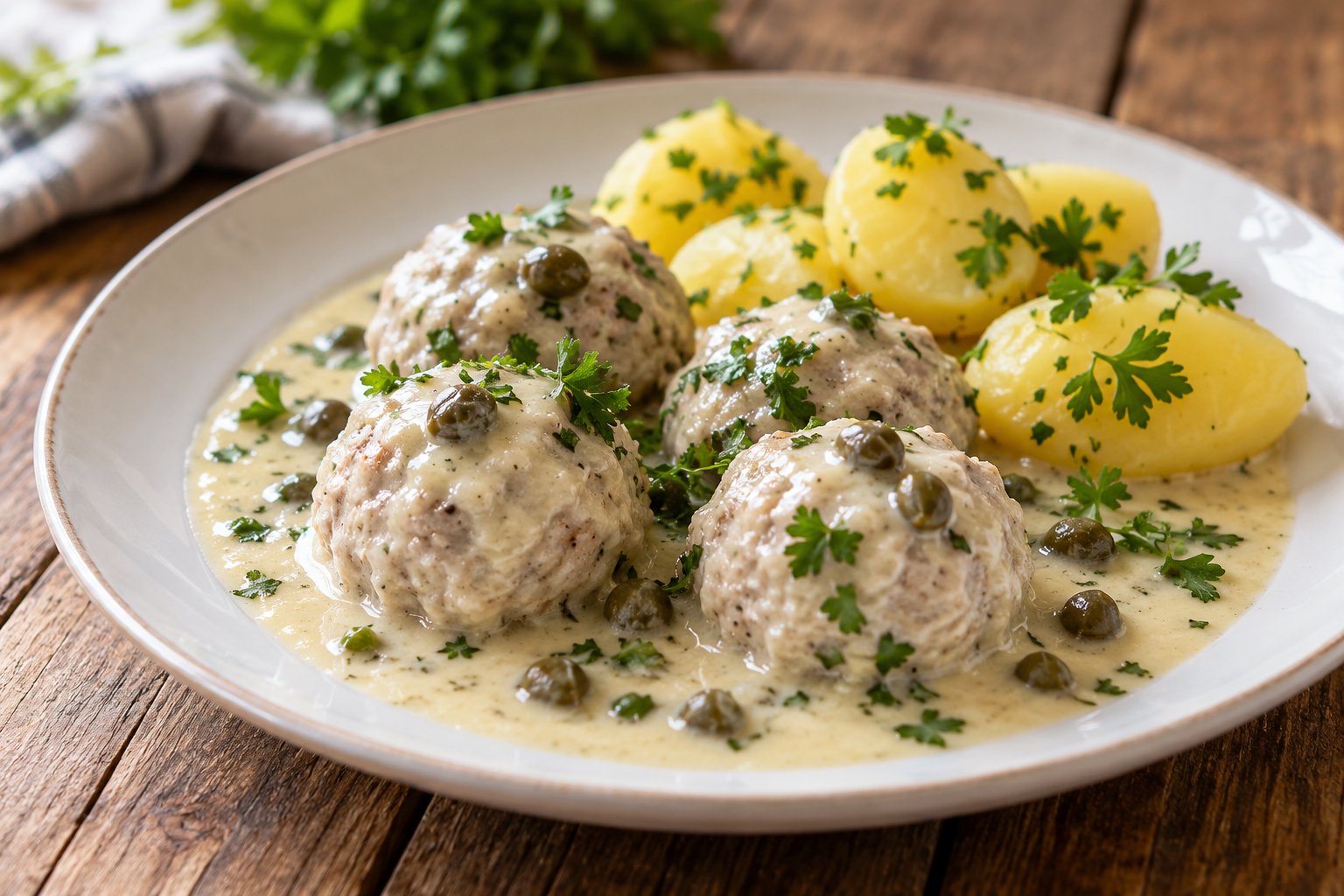 Königsberger Klopse mit Kapernsauce und Kartoffeln – Rezept mit Kalorien und Nährwerten