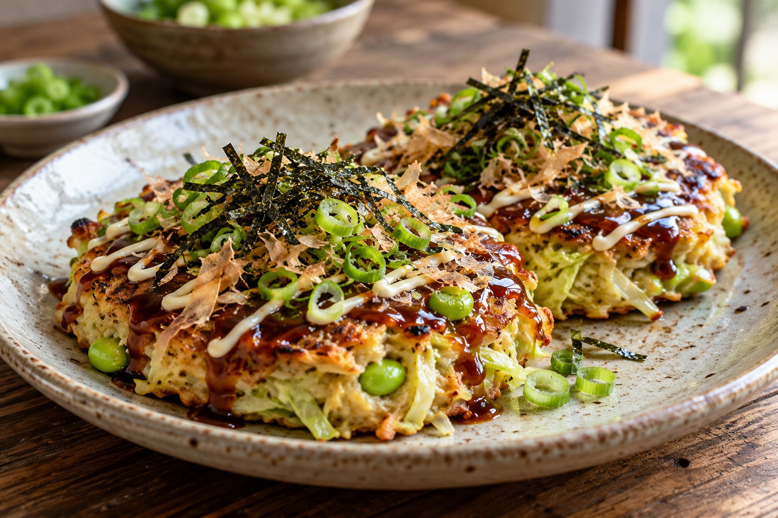 Okonomiyaki mit Spitzkohl und Edamame
