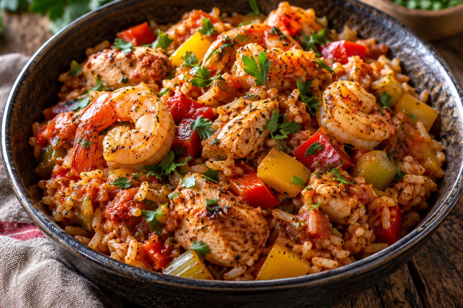 Jambalaya mit Hähnchen, Garnelen und Paprika – Rezept mit Kalorien und Nährwerten