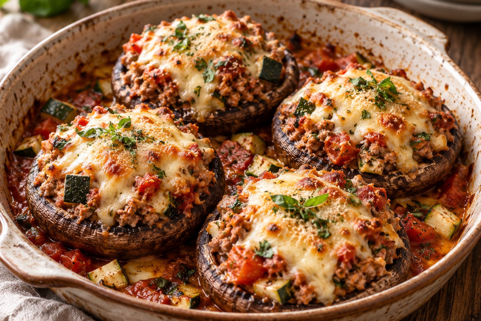 Portobello-Pilze mit Putenhack und Tomatensauce – Rezept mit Kalorien und Nährwerten